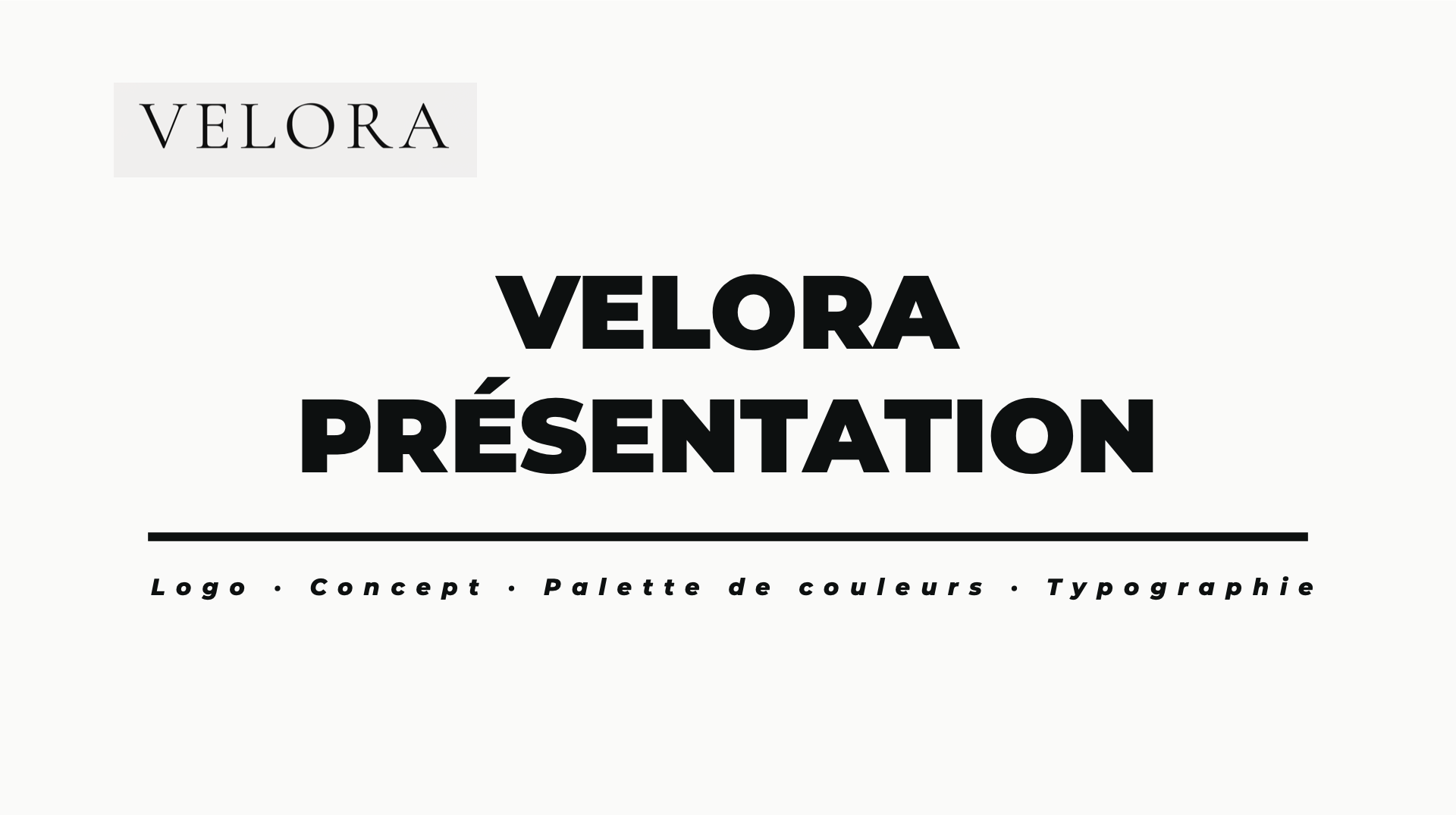 Couverture du dossier Velora avec une composition très minimale en noir sur fond blanc cassé.